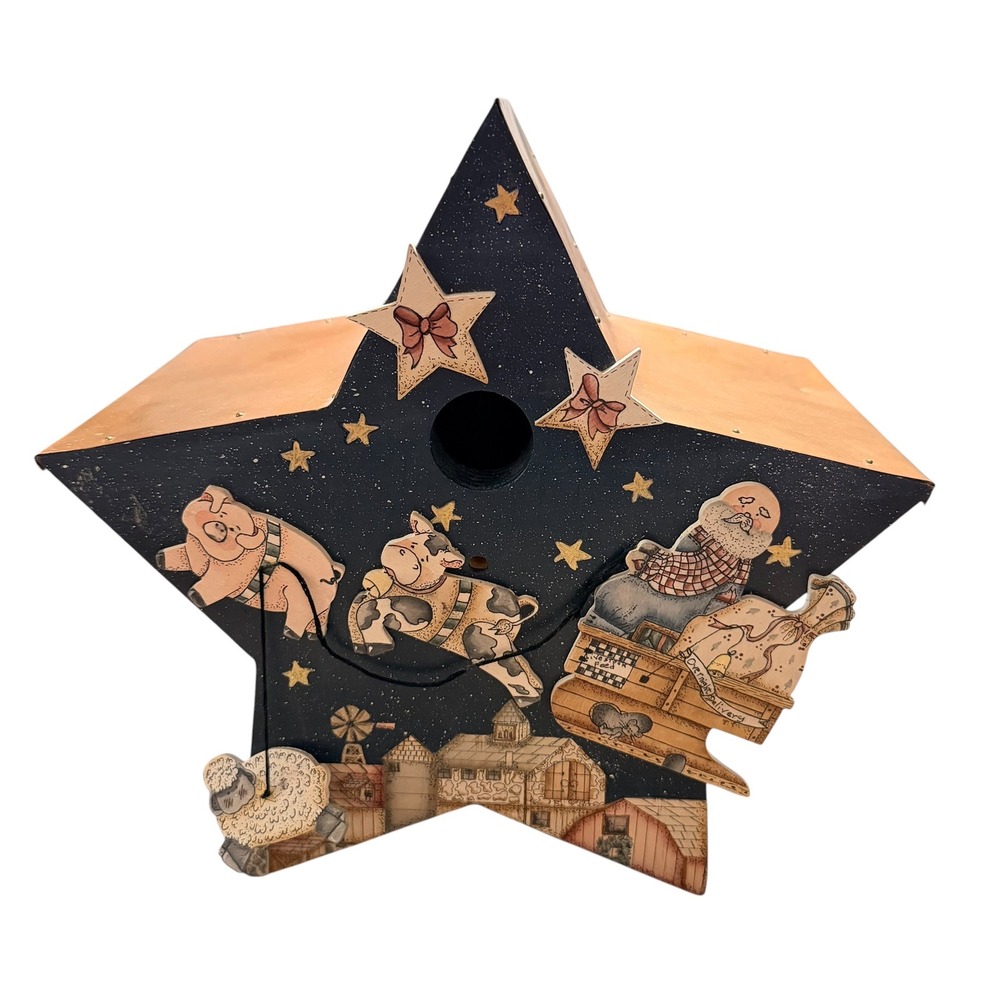 Christmas Folk Art Star Birdhouse Santa Sleigh Cow Pig Farmhouse Decor 8.5"